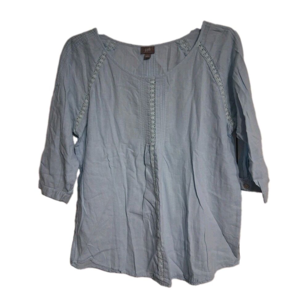 Women's J.Jill 3/4 Sleeve Light Blue Linen Blend Peasant Top Size L